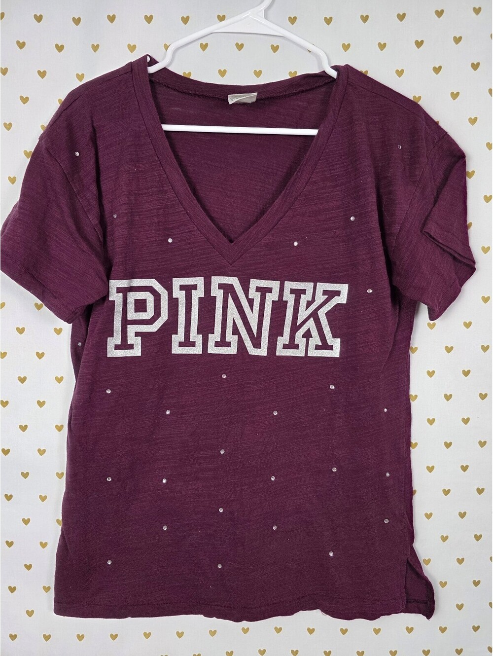 Victorias Secret PINK Bling V neck Studded Rhinestone Logo Maroon Tee Shirt XS